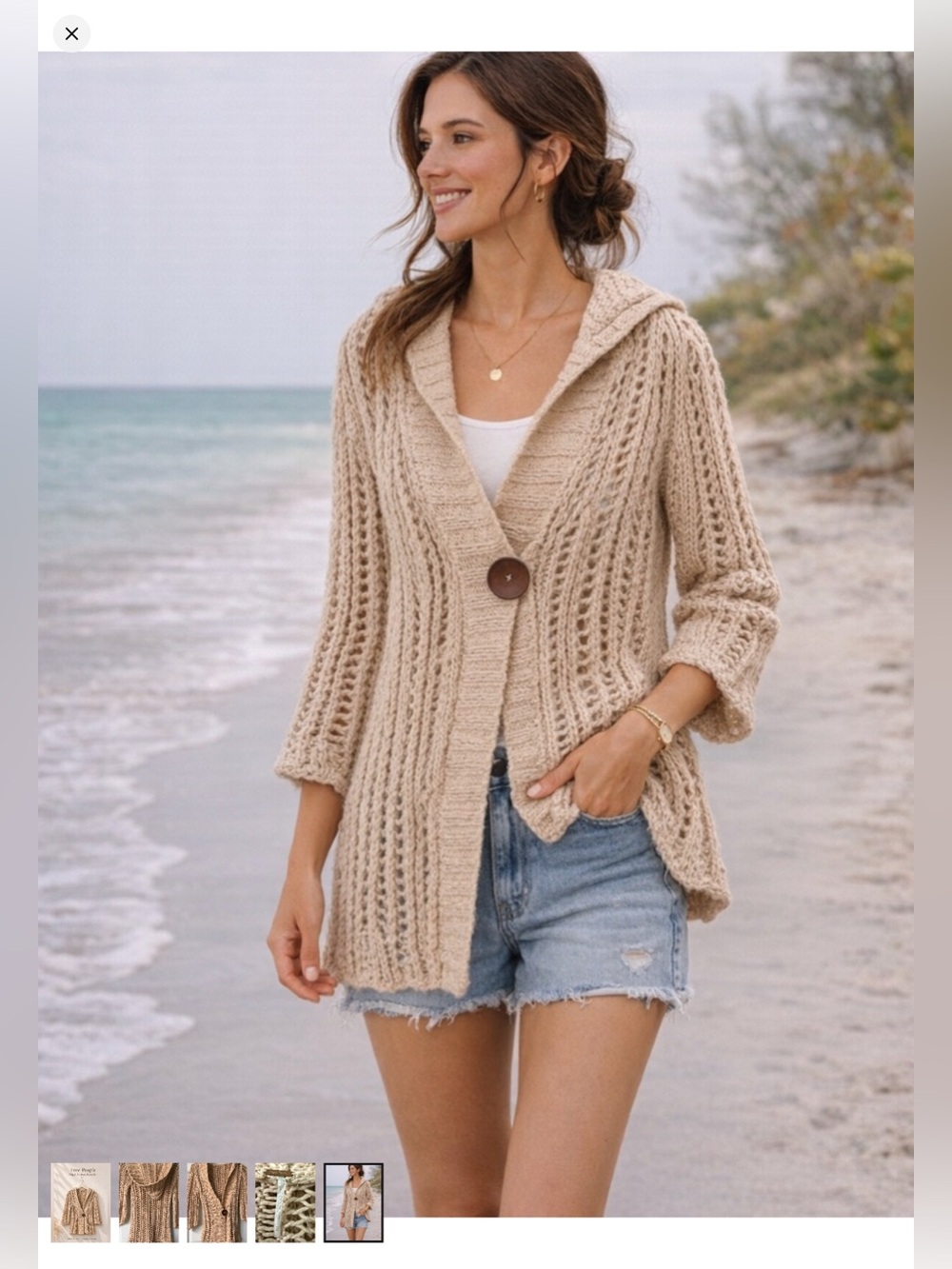 Free People Chunky Open-Knit Hooded Cardigan Sweater in Beige